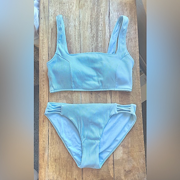 New Roxy Light Blue Ribbed Bikini Set Sz M - Picture 2 of 12
